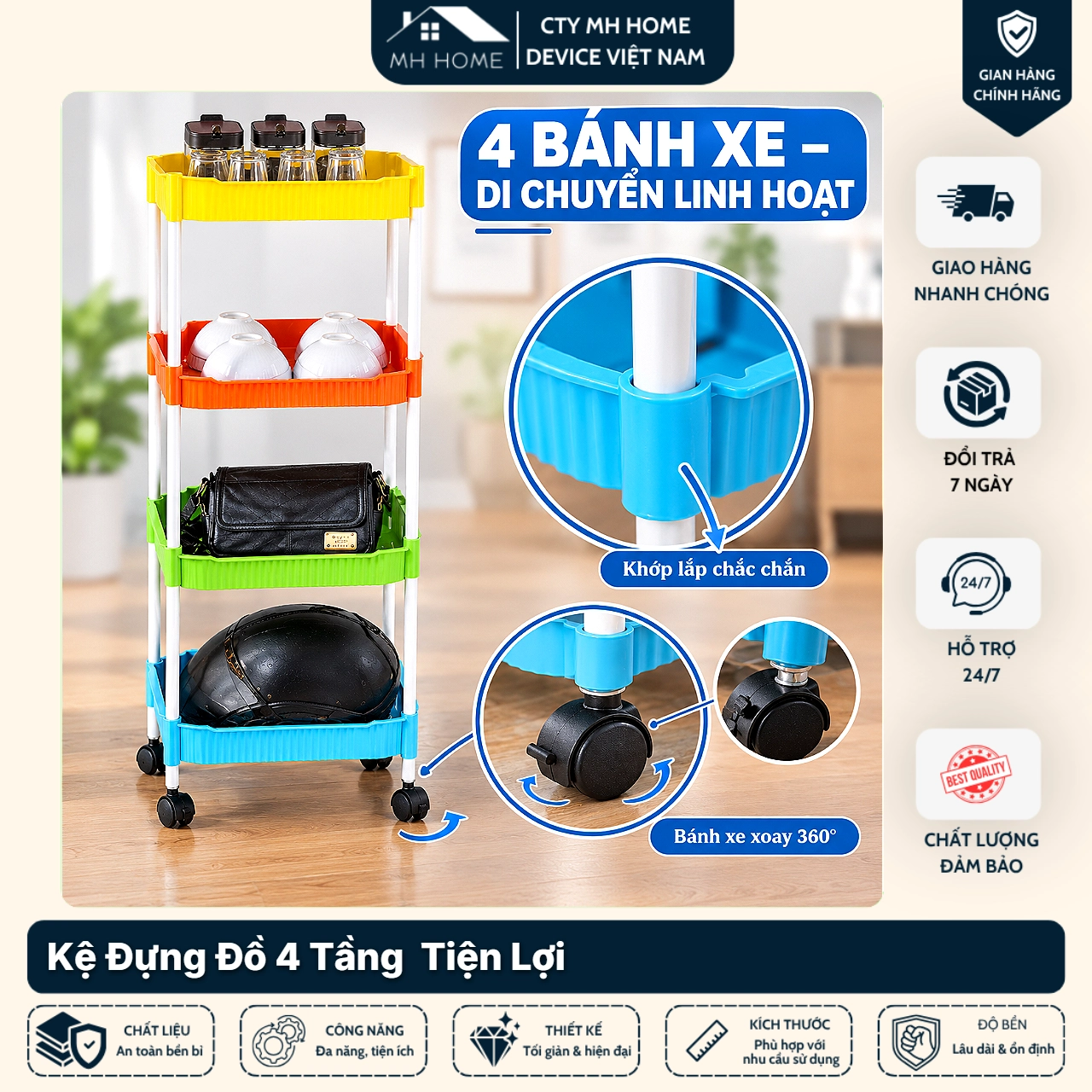 Kệ Đa Sắc Để Đồ 4 Tầng Đa Năng Có Bánh Xe Xoay 360° Nhiều Màu Bắt Mắt, Kệ Đựng Gia Vị Nhà Bếp, Kệ Để Đồ Nhà Tắm Thoát